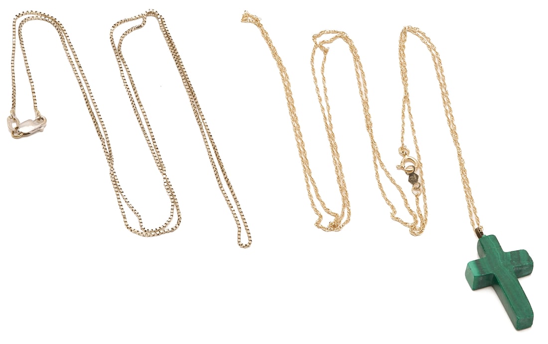Two 14K Gold Chains, One w/ Malachite Cross Pendant (1 of 6)