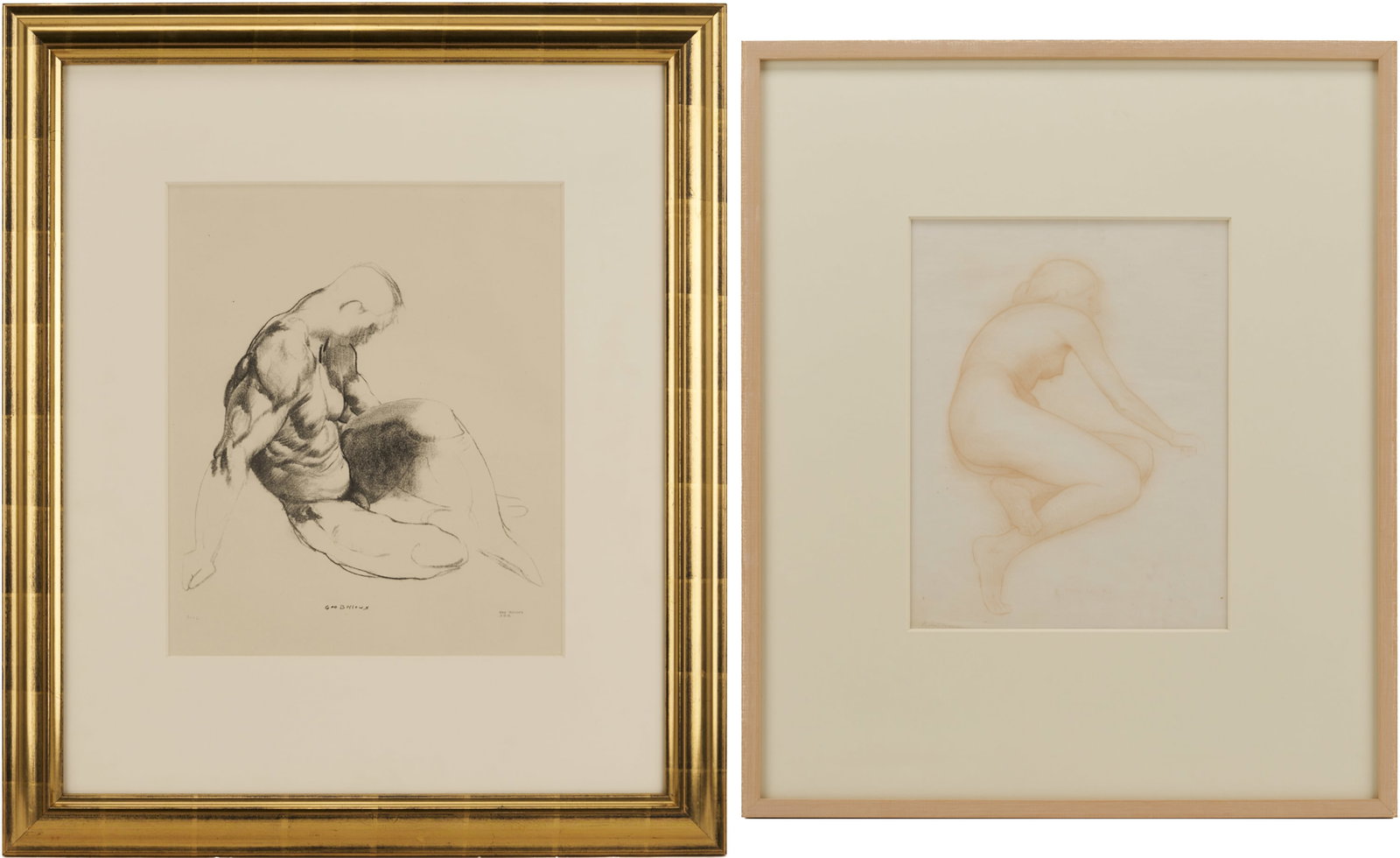 2 George Bellows & Bolton Brown Nude Lithographs, Male Torso & Model Crouching: 1st item: George Wesley Bellows (American, 1882-1925) figural lithograph, "Male Torso." A seated nude male rests on his right arm and tilts his head downward. Shading describes the musculatu