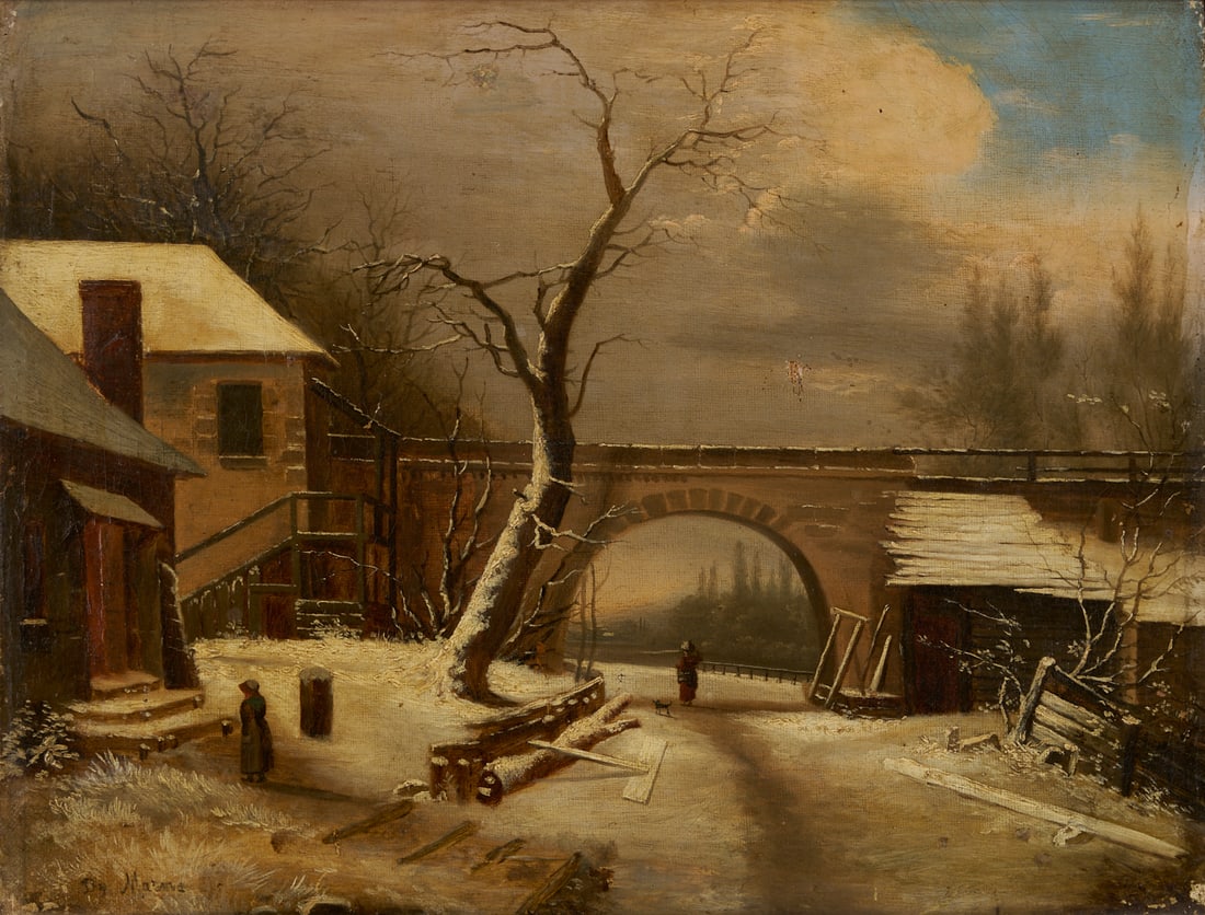 Continental Winter Landscape Painting, Illegibly Signed: Dutch or French oil on canvas winter landscape depicting a snow covered bridge and road leading through a village, with figures in the road and foreground. Signed illegibly lower left. Louis XV style 