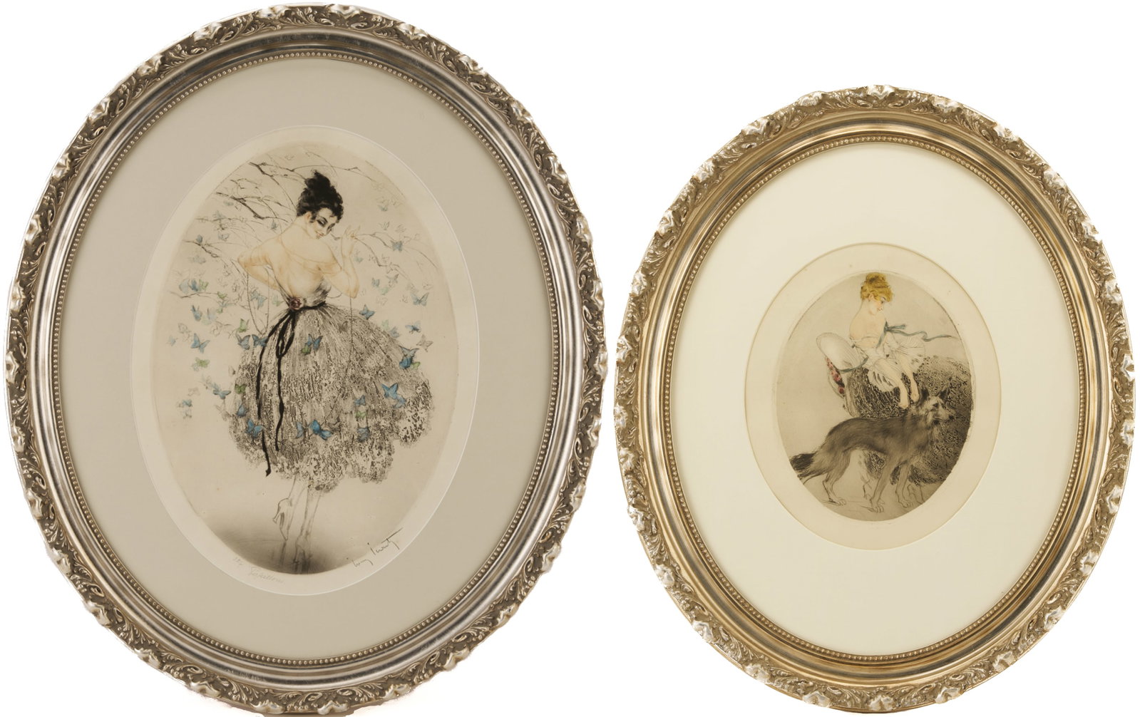 2 Louis Icart Etchings, Papillion AKA String of Beads & Tsar: Two (2) Louis Justin Laurent Icart (French, 1888-1950) oval color etchings with aquatint. Item 1: Etching entitled "Papillion" also known as "String Of Beads." A woman with black h