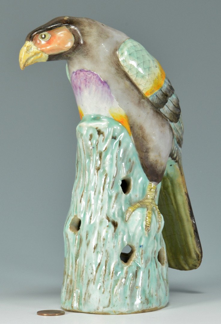 Chinese Export Hawk: Chinese Export Famille Rose purple-breasted hawk figure, with green, gray and gold feathers and yellow enameled beak, modeled atop a branch. 7-1/2"H. Attributed to Chien Lung (Qianlong) period, 18th c