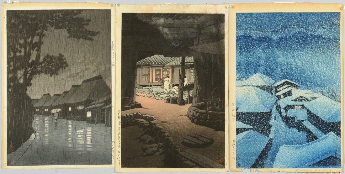 3 Hasui Japanese Woodblock Prints: Kawase Hasui (1883-1957) Japanese woodblock prints (3). 1st item: "Rain at Maekawa, Kanagawa" with round 6mm Watanabe seal lower left corner , image: 14-1/4" x 9-5/8", paper: 15-3/8" x 10-3/8". 2nd it