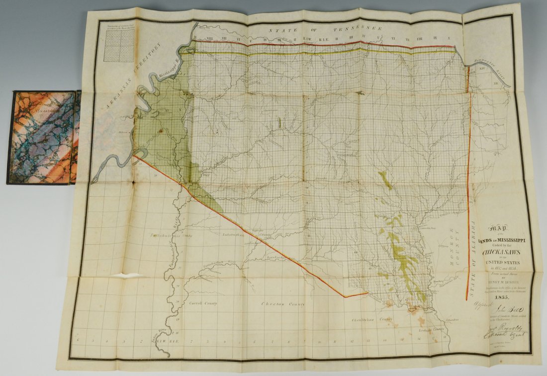 1835 Mississippi Map, Indian Lands: Rare early Mississippi pocket map, partially hand colored: "Map of the Lands in Mississippi Ceded by the Chickasaws to the United States in 1832 and 1834, from the actual survey by Henry M. Lusher," a