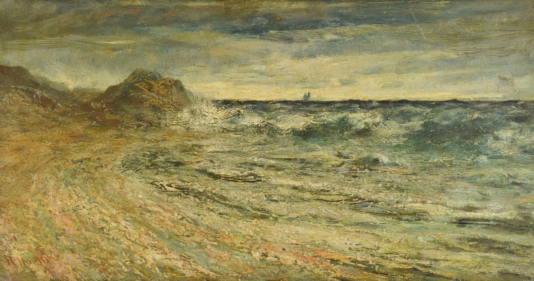 Robert Hopkin Oil on Board Seascape: Robert Hopkin (Scottish/American, 1832-1909) oil on board painting depicting a rocky shoreline seascape with turbulent waters and ship on the horizon. Signed lower left. Housed in an elaborate carved 