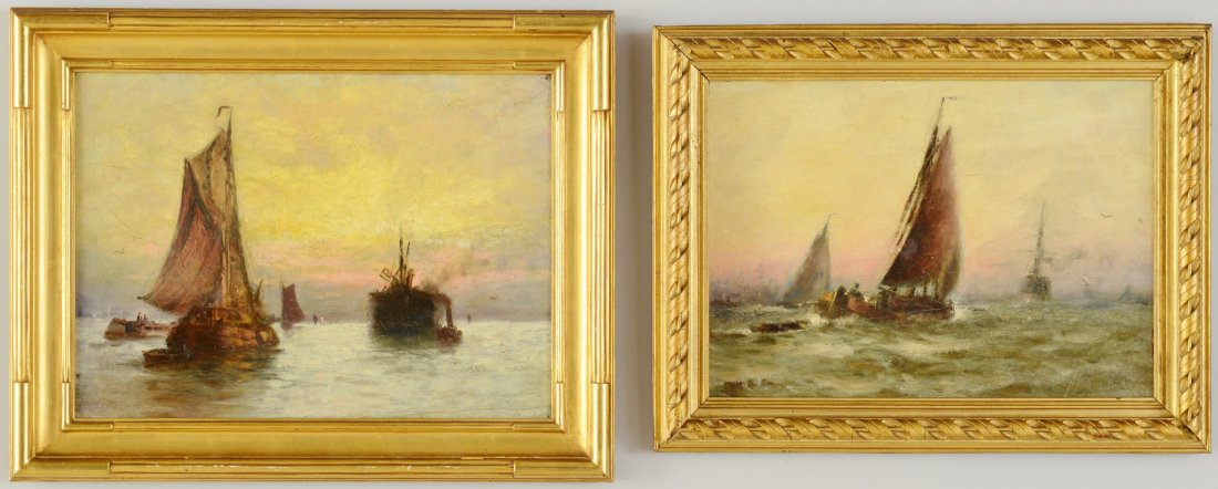 Joe Duncan Gleason, pair Marine paintings: Pair of marine paintings attributed to Joe Duncan Gleason (1881-1959), depicting ships at sunset, one in choppy seas, the other in calm waters. 1st painting (choppy waters): oil on canvas, signed Glea
