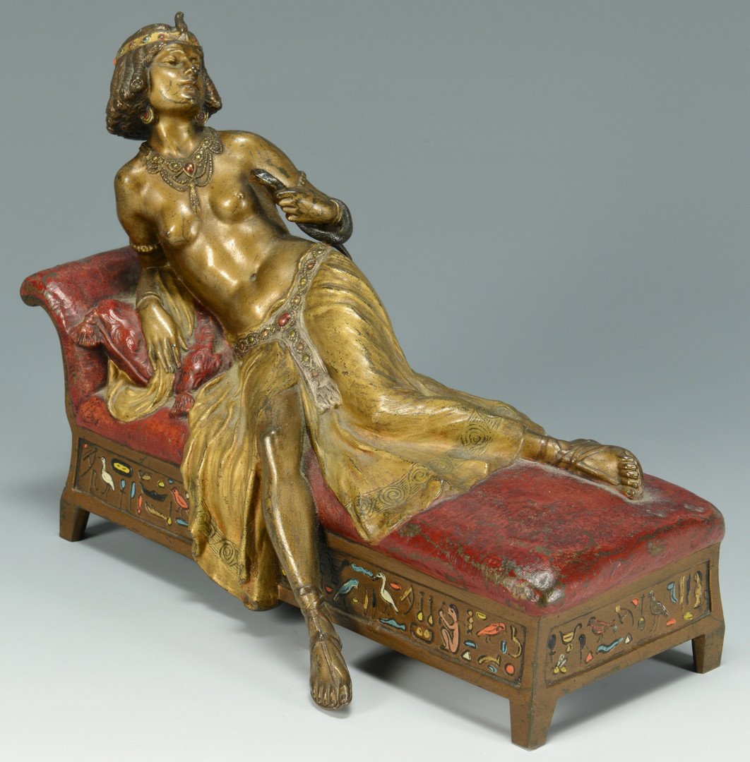 Franz Bergmann, Sacrifice of Cleopatra: Franz Xavier Bergmann (1861-1936) cold painted bronze, "Sacrifice of Cleopatra", depicting a partially nude Cleopatra reclining on a chaise lounge, holding a snake near her left breast. Incised on the