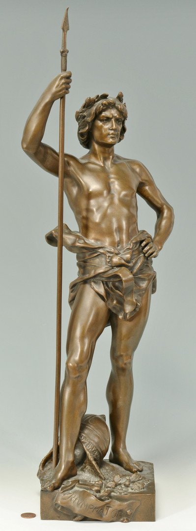 Henri Ple Bronze, Triumphator: Henri HonorŽ Ple (French, 1853-1922) cast bronze figure titled "Triumphator", depicting a young warrior posed with his spear and with his helmet by his feet. Signed "Henri Ple" on the base. 24 3/4" H