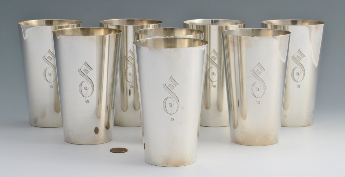 8 Stieff Sterling Silver Beakers: Set of 8 Stieff sterling silver beakers or highballs, also known as iced tea cups, marked on base: H, 0700, 4-7/8" H, all with single script monogram "S". 48.90 total oz troy. Provenance - Estate of B