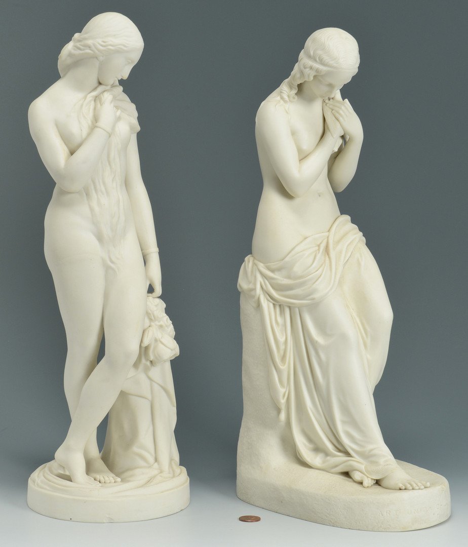 2 Parian Nudes, Minton & Copeland: Two (2) Victorian classical parian porcelain nudes, Minton and Copeland. 1st item - Parian nude "Innocence" with stamped letters, "J. H. Foley Sculptor Art Union of London", depicting a partially nude