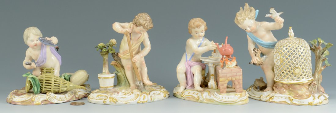 4 Meissen Emblematic Figures: Air, Earth, Fire, Wa: Associated Meissen porcelain figural grouping, 4 figurines emblematic of the four elements. 1) Air, depicting a cherub or putto with birdcage, blue underglaze crossed sword mark and impressed number m