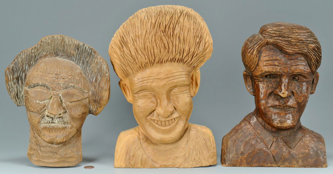 3 Clarence Stringfield Carvings: Three Clarence Stringfield (Tennessee, 1903-1976) folk art carvings of well-known figures including Bobby Kennedy (11" H x 7 3/4" W), Minnie Pearl (12 1/4" H x 7 3/4" W) and Grandpa Jones (10" H x 7 1