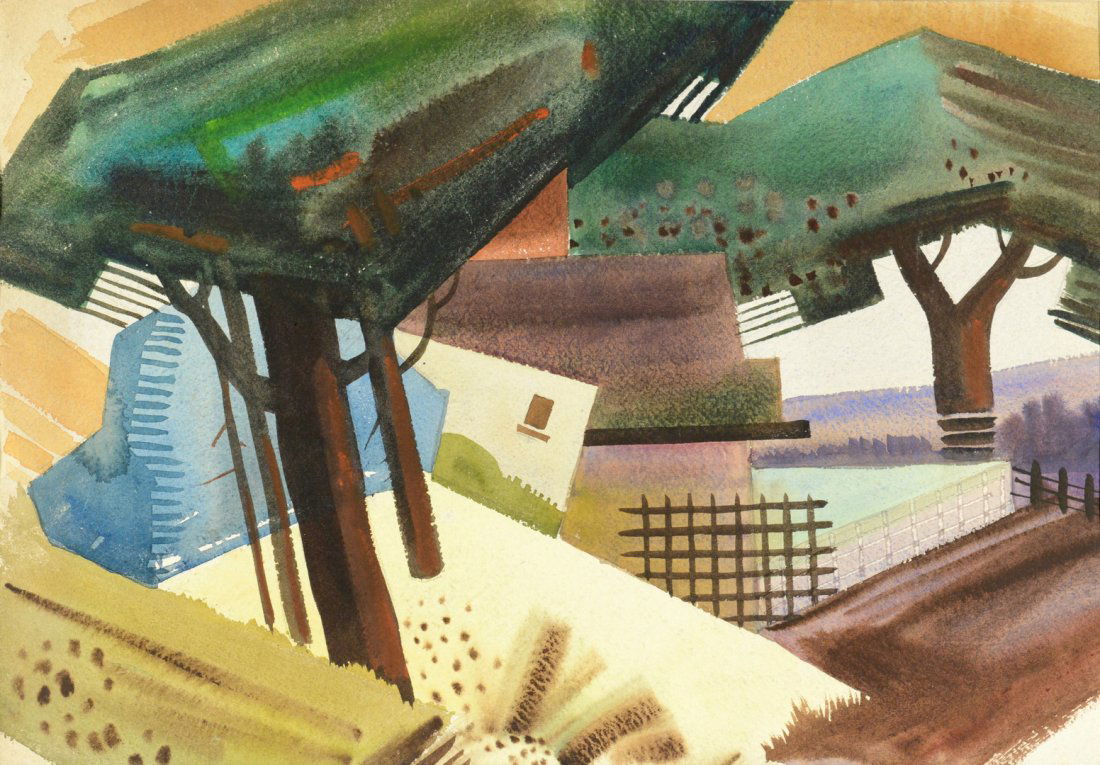 Ted Burnett Abstract, Study in Cubism: Ted Burnett (1908-1982, American/Tennessee) abstract watercolor titled "Study in Cubism". Sight - 14 1/4" x 20 1/2" W. Matted size - 20 1/2" H x 26 7/8" W. Unsigned. Biography (Courtesy Village Fine A