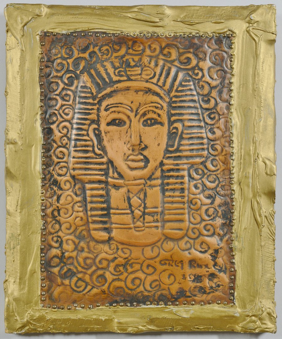 Greg Ridley Copper Plaque, King: Greg Ridley (a.k.a. Gregory D. Ridley Jr., Tennessee, 1925-2004) hand hammered copper plaque, titled en verso "King," depicting an Egyptian Pharaoh against a spiral background. Plaque is applied to a