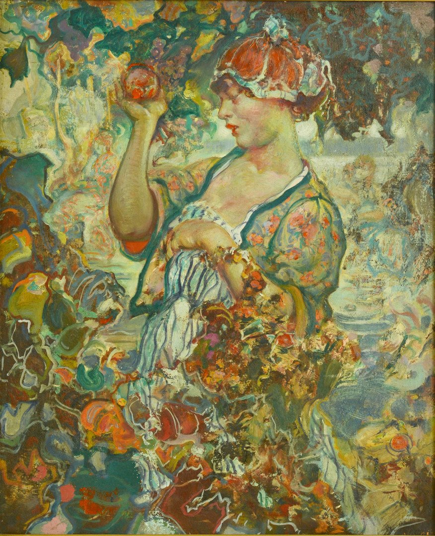 Fred Carpenter o/c, Lady in Garden: Fred Greene Carpenter (1882 - 1965, born in Nashville, TN, active Missouri), oil on board painting depicting a female picking fruit, surrounded by verdant foliage, signed lower right, "F. G. Carpenter