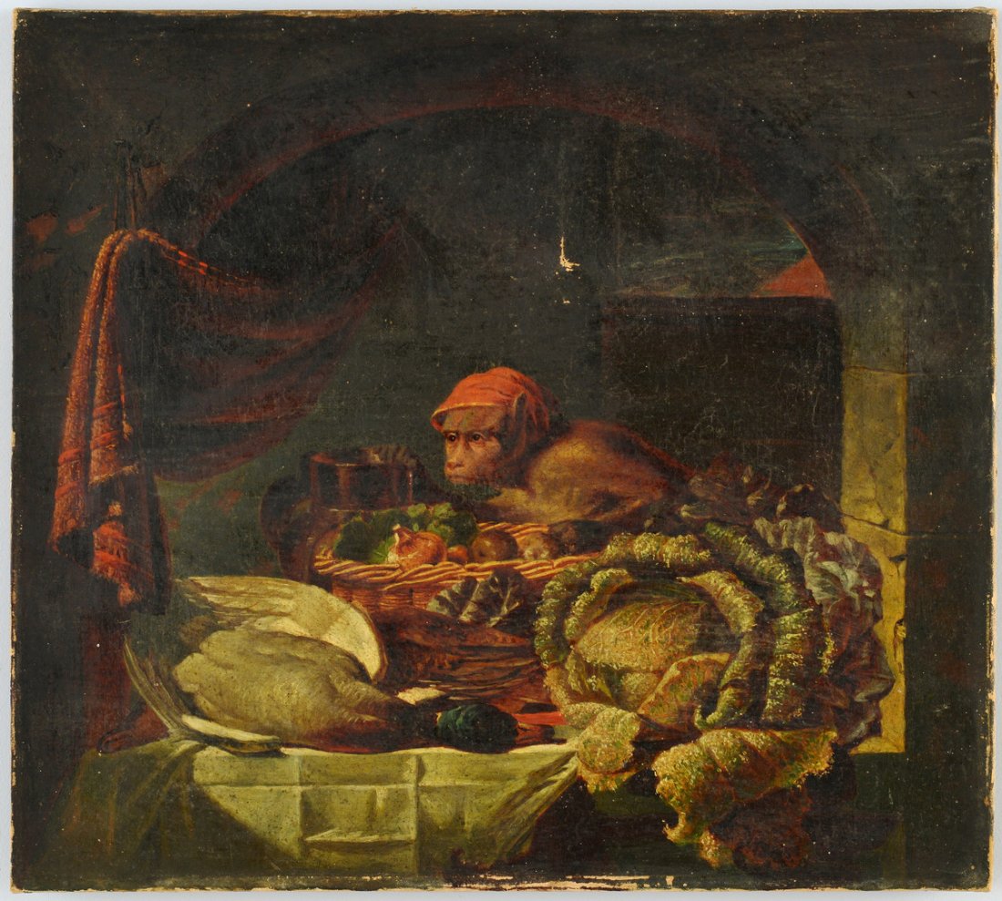 Thomas Waterman Wood, Still Life with Monkey (after Red: Thomas Waterman Wood (American, 1823-1903) oil on canvas still life with monkey, fowl and vegetables. Signed lower right, "TW Wood 186? after G Lance 1847". Handwritten dedication en verso "To his fri