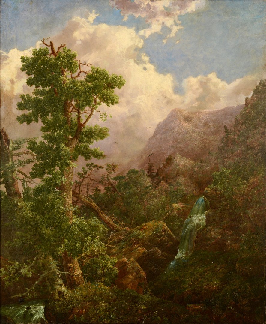 William Louis Sonntag Sr. o/c landscape: Large William Louis Sonntag (American, 1822-1900) oil on canvas landscape depicting a naturalistic mountain scene. Housed in the original gilt carved frame. Sight Ð 54 1/4_ W x 66_ H. Framed Ð 64 1/