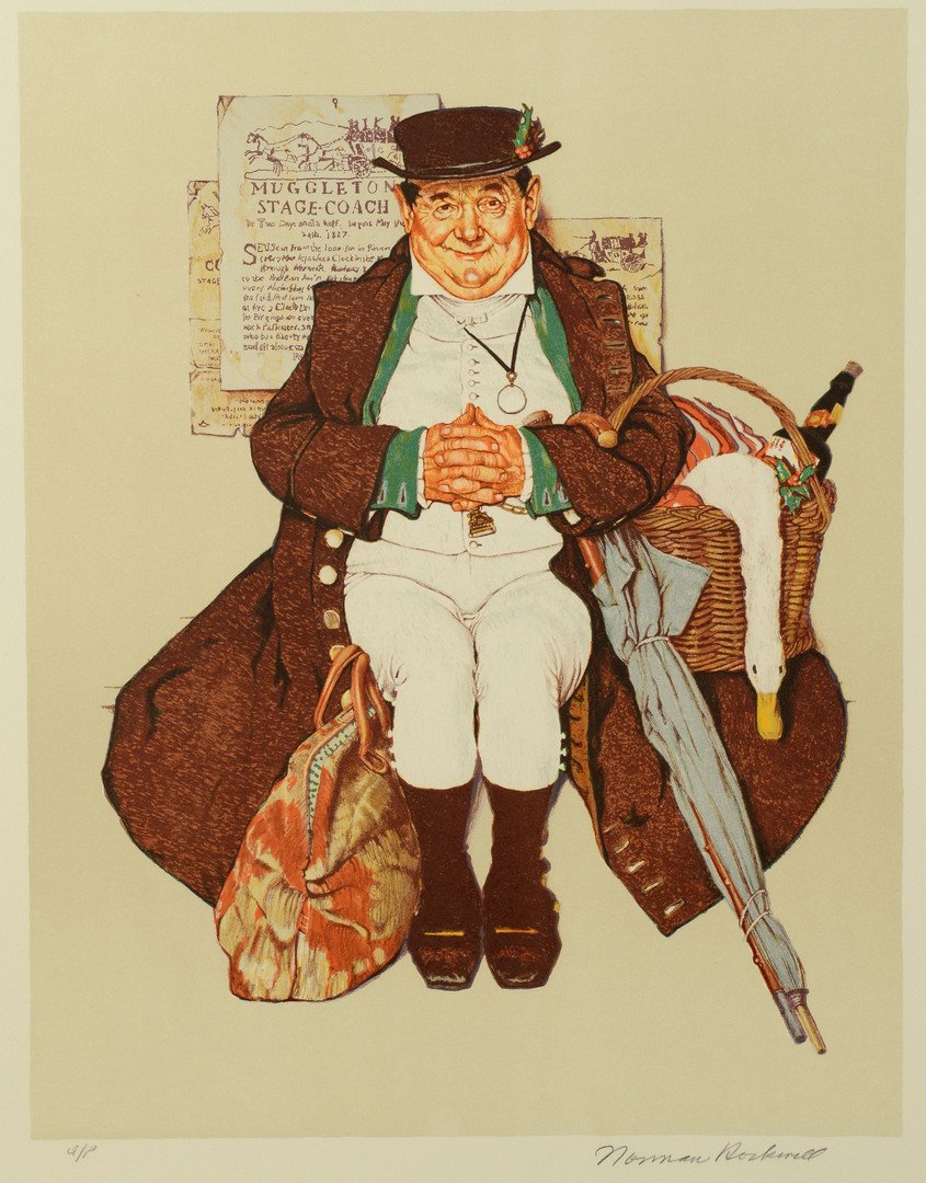 Rockwell Lithograph, Muggleton Stage Coach: Norman Rockwell (American-New York ,1894-1978) signed lithograph titled "Muggleton Stage Coach". Pencil signed lower right and pencil signed "A/P" for artist's proof lower left. Unframed. Image: 20-5/