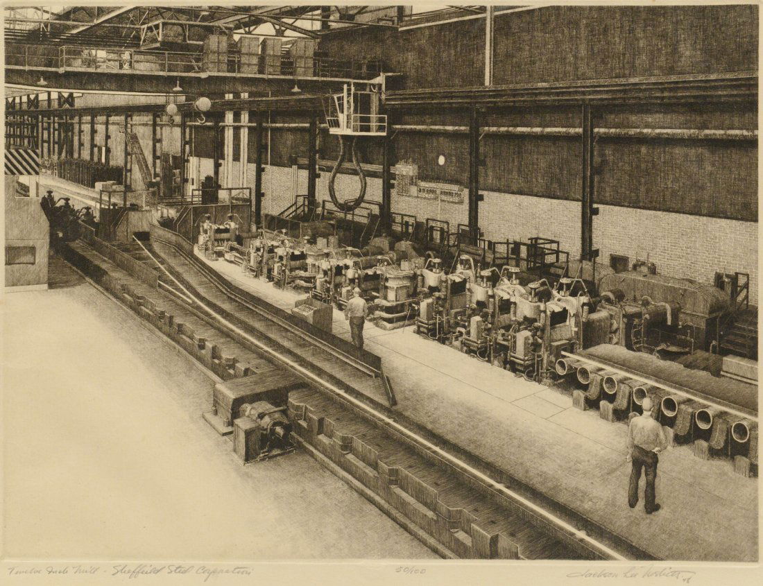 Jackson Lee Nesbitt Etching: Jackson Lee Nesbitt (American, 1913 - 2008) etching titled "Twelve Inch Mill Sheffield Steel Corporation" depicting the final process of steel making operation. Pencil titled lower left and pencil sig
