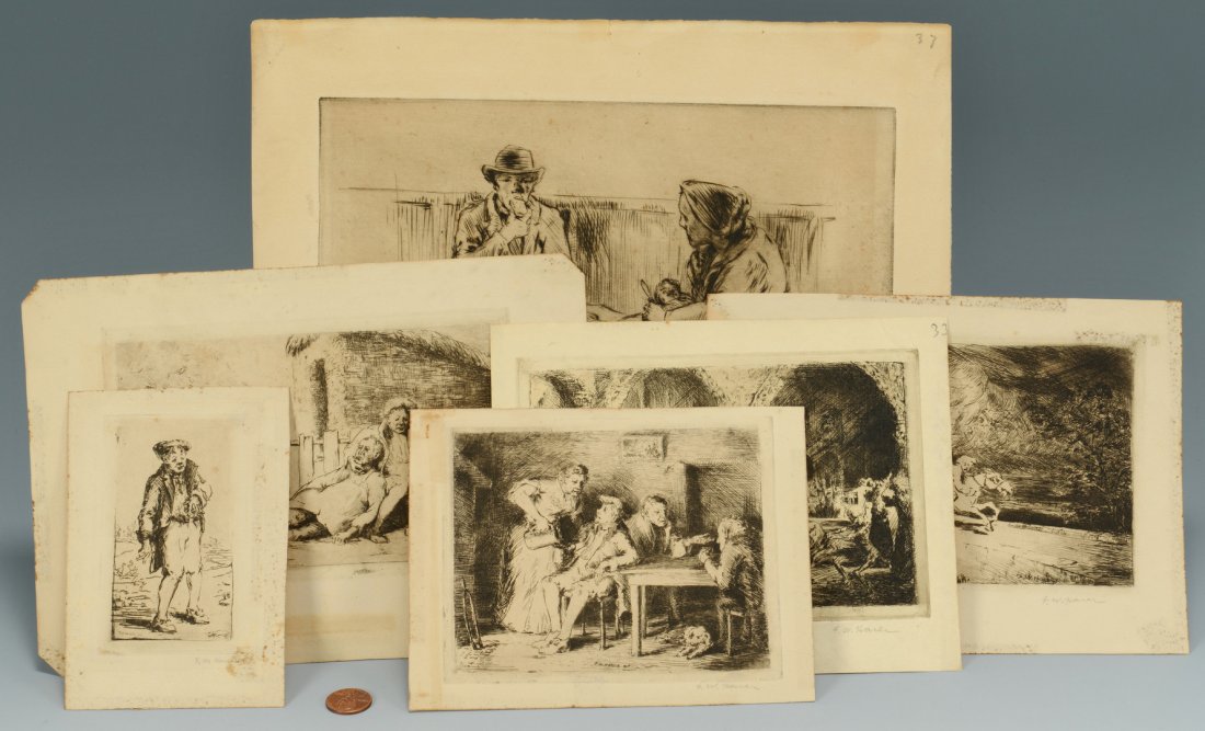 Six (6) Frederick Harer Etchings: Six (6) Fredrick William Harer (American, 1879-1947) etchings. Ist-3rd items - three etchings titled, "Tam O Shanter", No. 3-5 verso. Harer illustrated Robert Burns poem and exhibited an etching from 