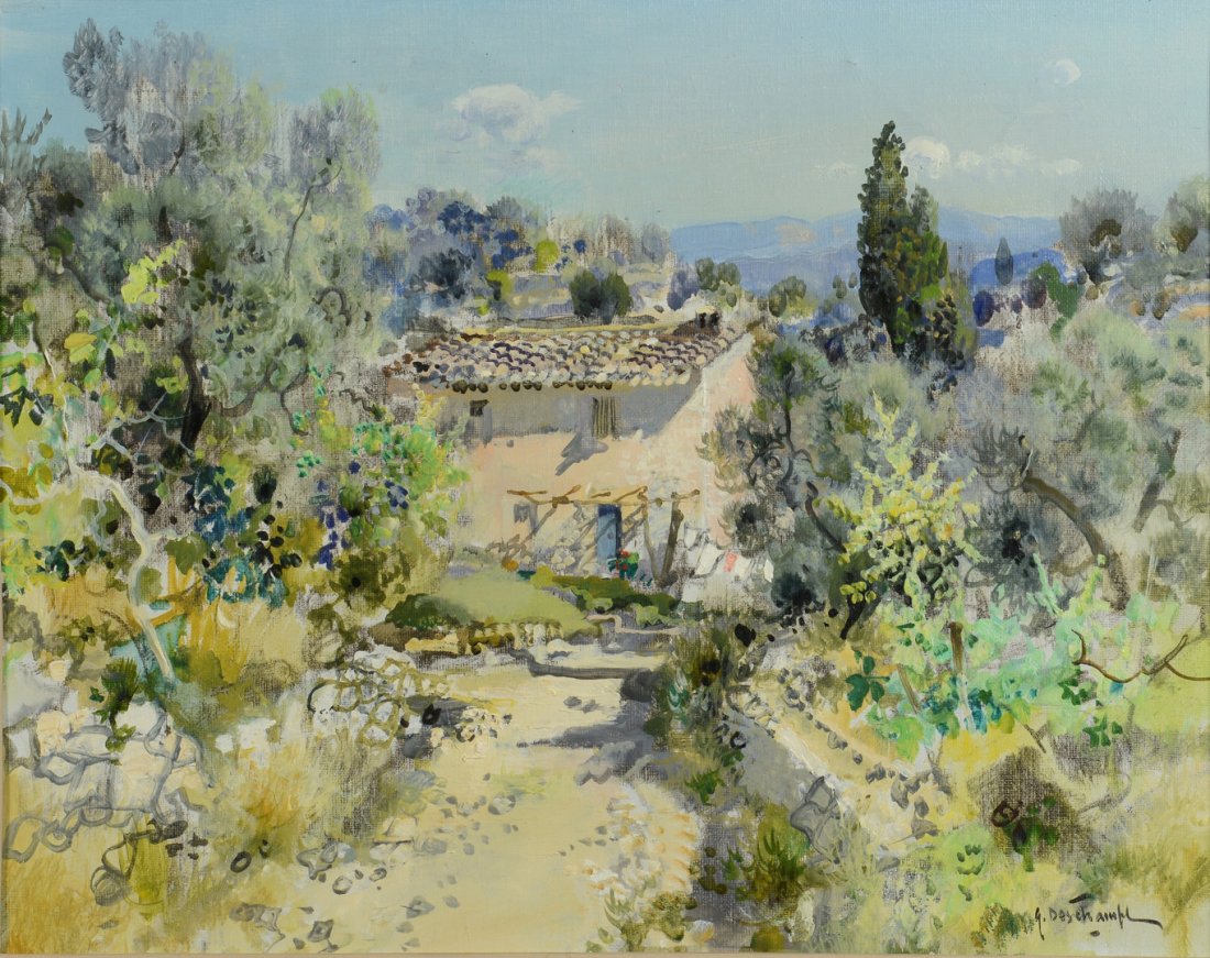 Gabriel Deschamps, Provence countryside: Gabriel Deschamps, (France, 1919-) oil on canvas painting, titled "Paysage de Grasse." Signed lower right. Older Paris gallery paper label en verso, giltwood frame with molded corners. Sight: 12-1/4" 