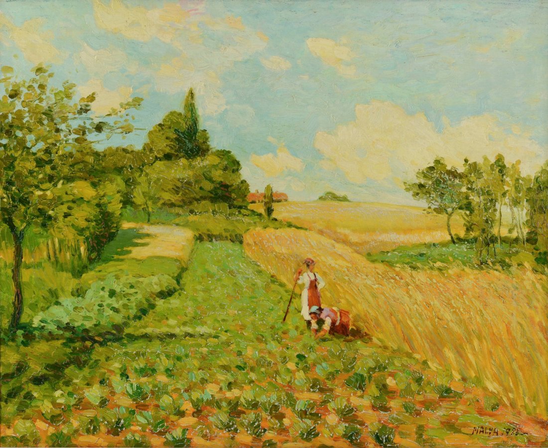 Malva oil on canvas landscape: Omar Malva (also known as George Malva, b. 1951), oil on canvas Impressionist European landscape, depicting two women working in a field. Signed "Malva" and dated 1983 lower right. 17-1/2" x 21-1/2" s