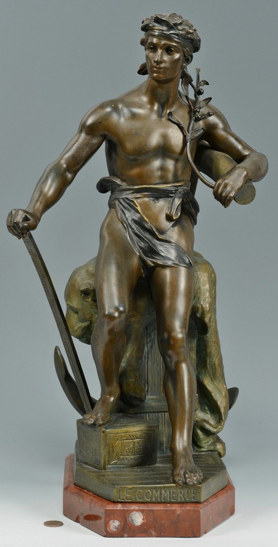 Ernest Ferrand Bronze "Le Commerce": Ernest Justin Ferrand (1846-1932), bronze figure, "Le Commerce", his right hand holding ruler, left hand holding laurel branch, and leaning against a large anchor and plinth supporting a lion carcass.