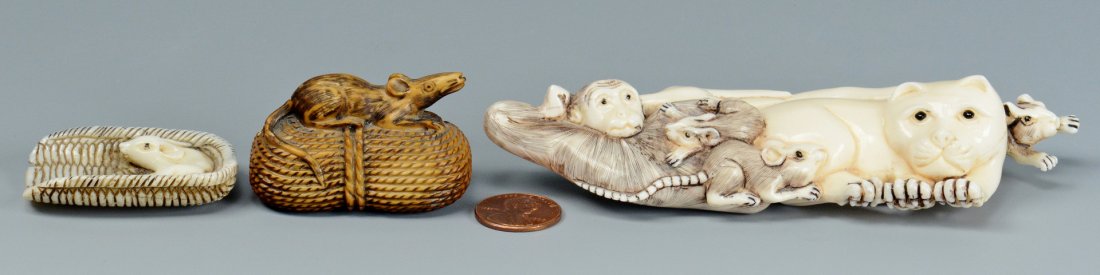 3 Carved Japanese ivory Netsukes: 3 carved Japanese ivory netsukes. 1st item: Large group of carved and stained group of animals including monkey, lion, rabbit and three mice, signed on base, 1" H x 5-1/2" L x 2" D, early 20th c. 2nd 