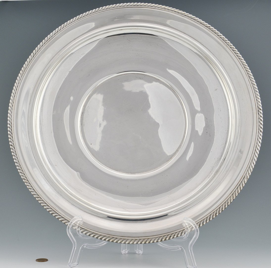 Large Gorham Sterling Platter: Gorham sterling silver round platter, with gadrooned border. Lion, Anchor, G hallmarks and 448 en verso. 16" diameter. 31.02 oz troy. Provenance - Estate of Bill Selden, Athens, TN.