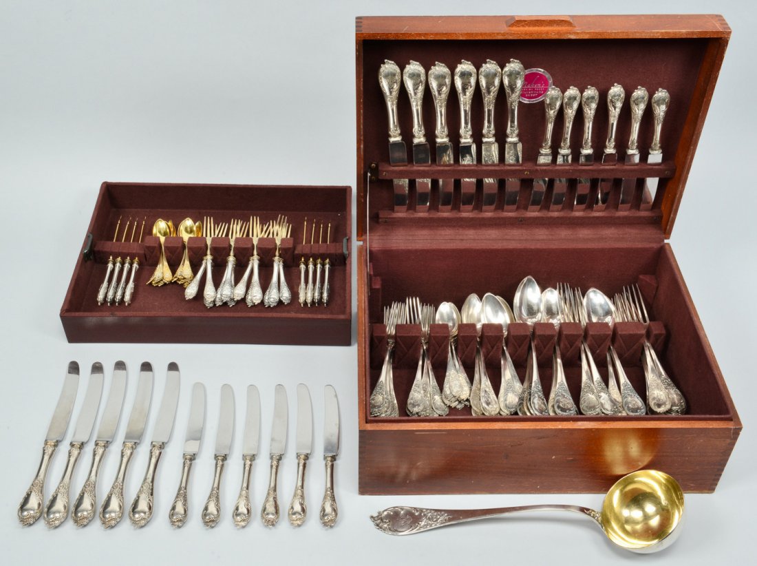 Large set German silver flatware: Large .800 silver flatware and dessert set in the Rococo style, manufactured by Bruckmann and Sohne of Germany, consisting of 11 dinner knives (13-1/2" L), 12 dinner forks (8-3/4" L), 12 luncheon kniv