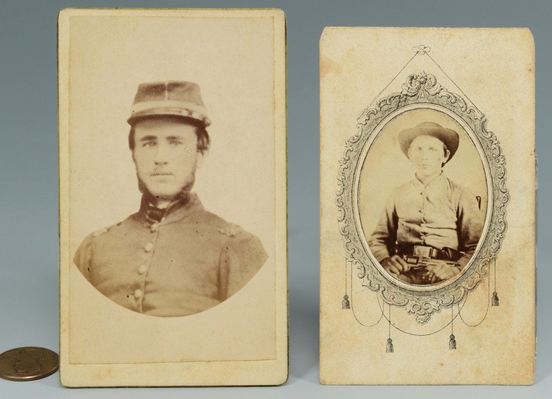 2 East TN Confederate CDVs: Two (2) Blountville (Sullivan County, East Tennessee) identified Confederate Civil War carte de visites, one inscribed in pencil en verso "Jas A. Rhea, 1st Lt. Co. G, 19th Tenn. CSA," bust length port
