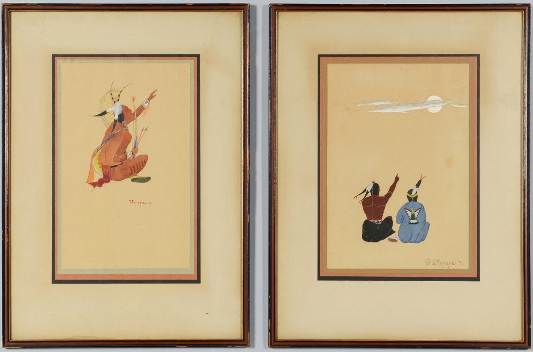2 Native American Paintings, 1931 Mopope: Two Native American paintings, gouache on paper, both dated 1931, one depicting a seated warrior as viewed from the side, signed lower right "Mopope, '31" (Steven Mopope, Kiowa, 1898-1974) and the oth