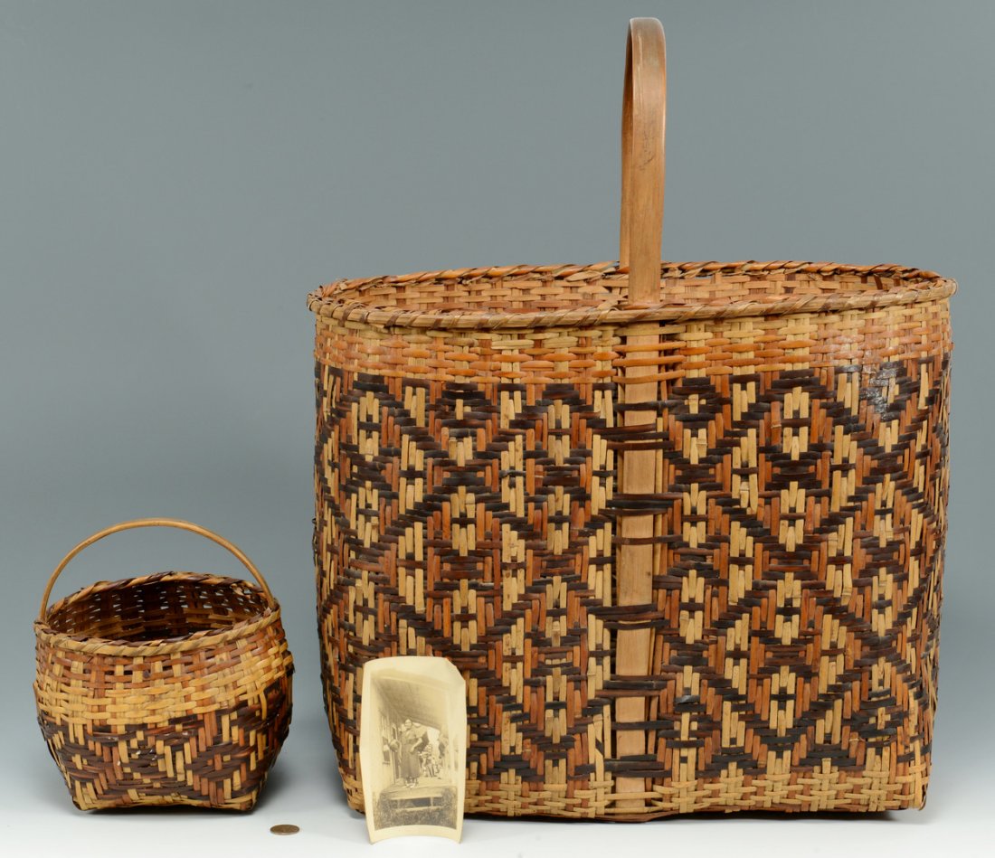 Early Cherokee River Cane baskets, 1937 photo: Two early Cherokee rivercane baskets and 1937 photo of Cherokee woman. 1st item: Cherokee river cane single woven shopping basket with diamond and cross design with bentwood handle and walnut and bloo