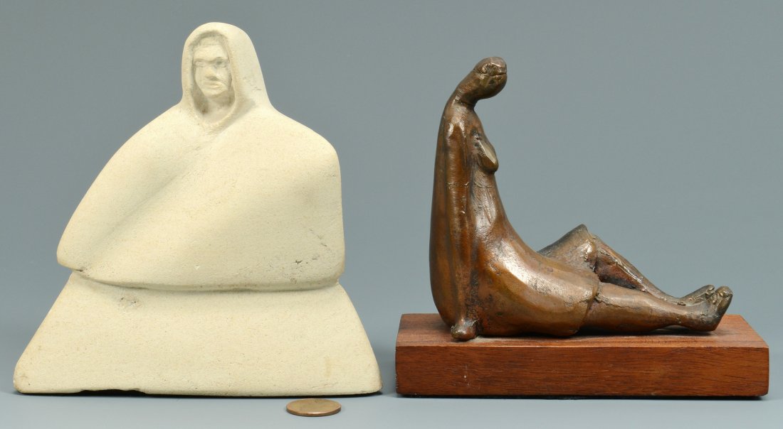 2 Tom Lawless Sculptures: Two absract sculptures by Thomas John Lawless (American, d. 1986). 1st item: White clay abstract sculpture depicting a figure wearing a cape. Signed on the back base margin "T. Lawless". 5 1/4" H x 5"