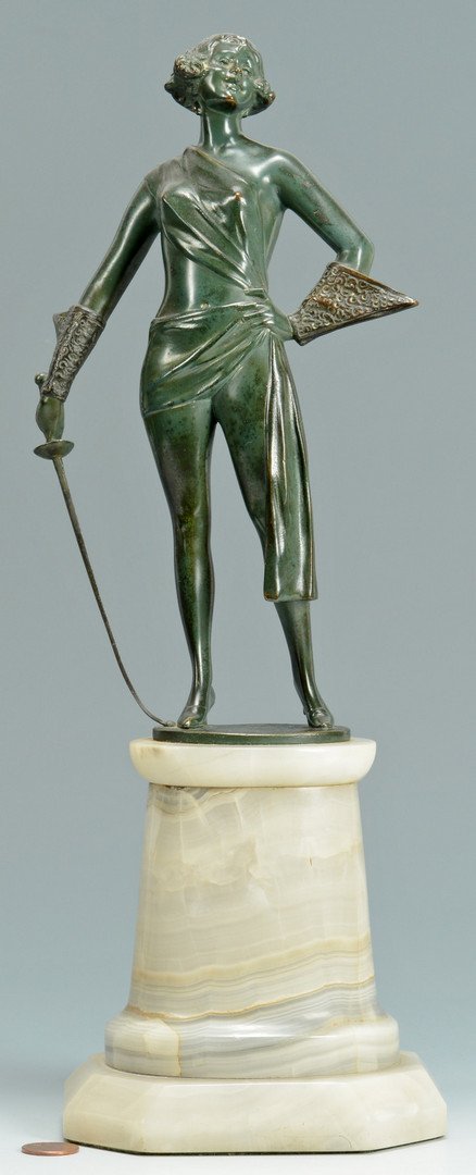 Art Deco Bronze Fencer: Stylized Art Deco bronze depicting a partially clad young female with fencing saber. Mounted on a marble base. 14 3/4" H overall. 20th century. European, early 20th century. Provenance: Private Nashvi