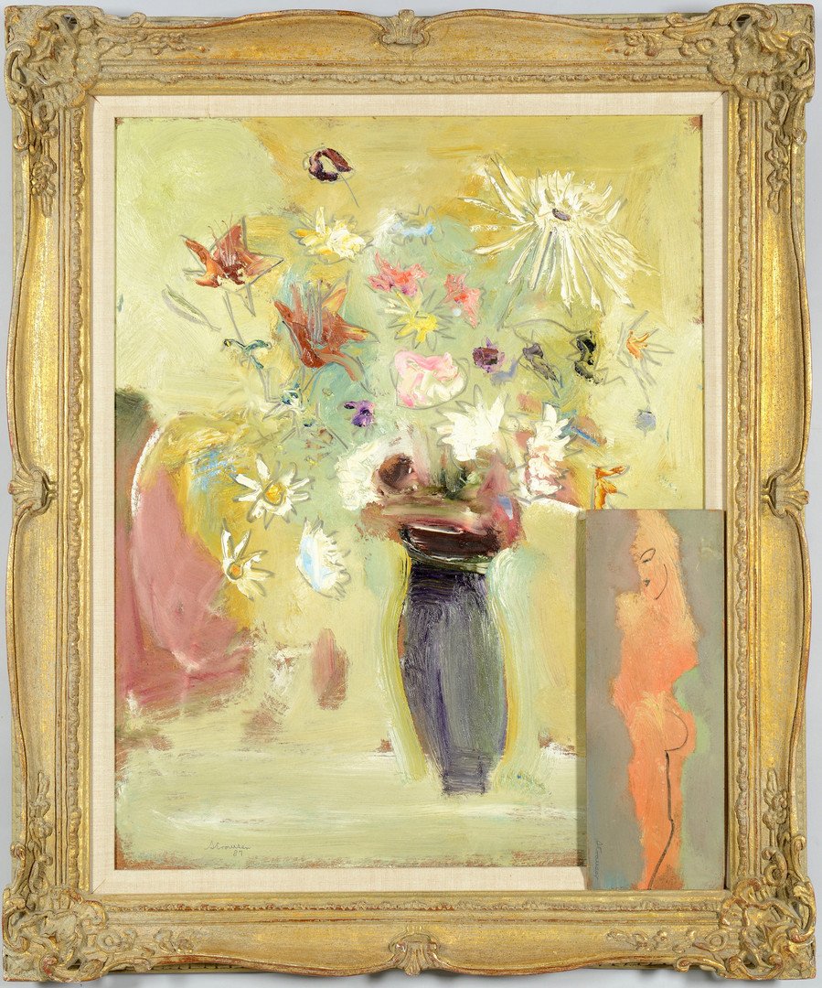 Sterling Strauser still life and nude: 2 works by Sterling Boyd Strauser (American, 1907-1995). 1st item: Oil on board still life painting depicting multicolored flowers in a purple vase, signed and dated '87. Giltwood frame with carved co