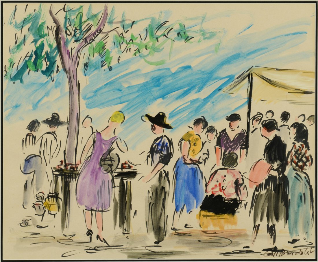 Bardolet Street Scene Watercolor: Josep Coll Bardolet (Spain, 1912-2007) watercolor, depicting figures at a street fair. Signed lower left "Coll Bardolet". Sight: 14-1/4" H x 17-1/4" W. Framed: 21-3/4" H x 24-7/8" W.