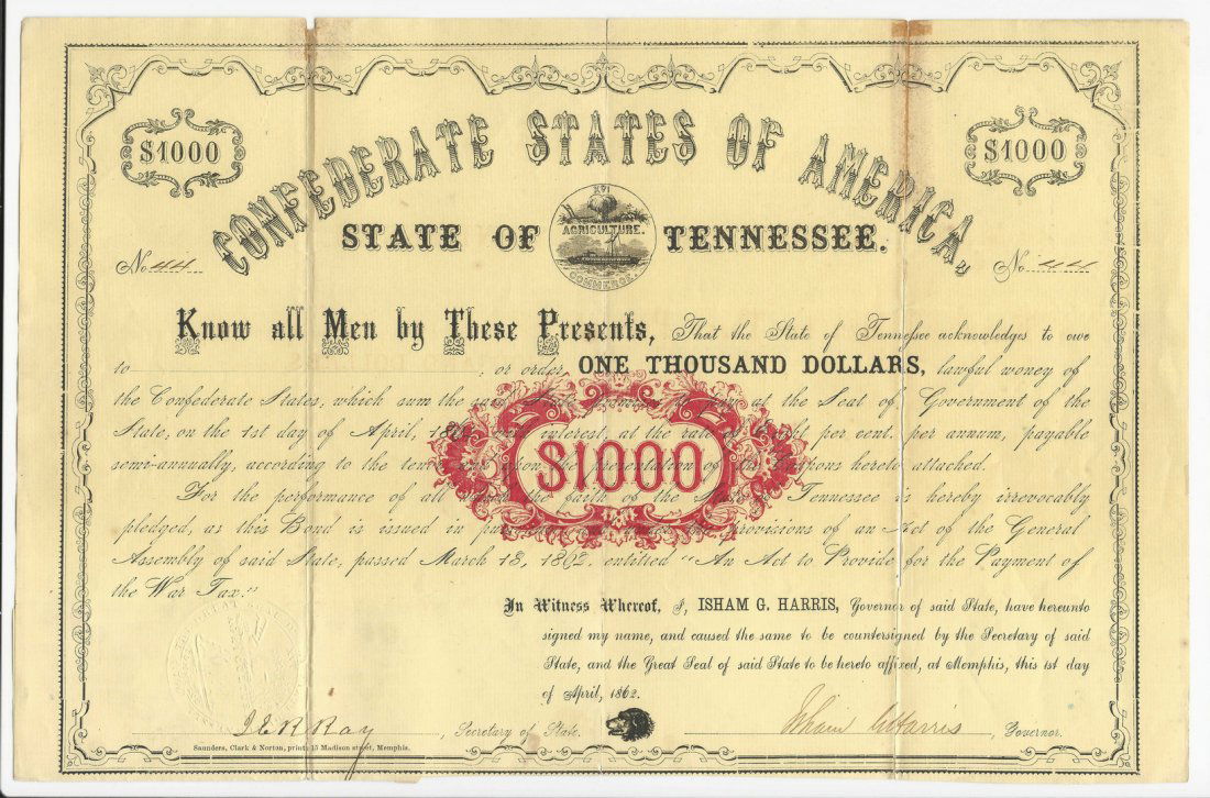 TN Confederate 1862 Bond: State of Tennessee Civil War CSA Bond, 1862, #44. $1000 at 8% interest, printed in Memphis and signed by Isham Harris as Governor, with central vignette depicting the seal of agriculture and commerce,