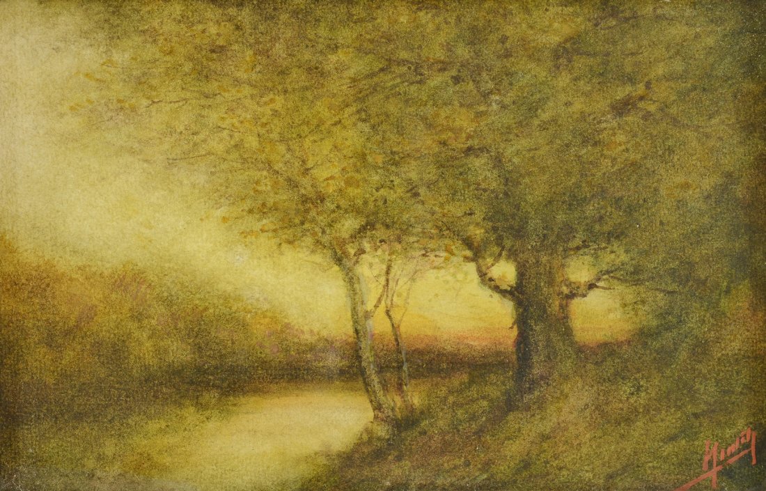 American School pastel, Sunset Landscape: Signed sunset landscape pastel scene with trees and stream. Signed in red lower right, Finlay?. Housed in the original gilt and wooden frame. Sight - 5 7/8" H x 9 1/4" W. Framed - 12 1/4" H x 15 1/2" 