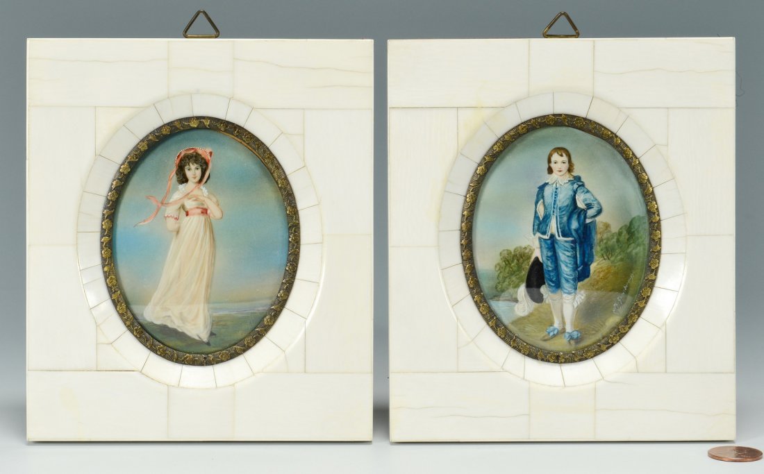 Pr. Portrait Miniatures, after Gainsborough: Pair of European miniature oval portraits on porcelain after Thomas Gainsborough (English, 1727-1788), depicting Sarah Barrett Moulton, also known as "Pinkie" and Jonathan Buttal (or Buttall), also kn