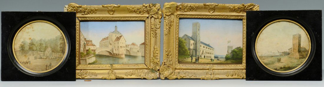 4 European Landscape Miniatures: Four European landscape miniatures. 1st & 2nd item: Pair of circular watercolor minatures, most likely English, with figures and ruins and housed in ebony frames. Paintings measure 5 1/8" dia. Framed