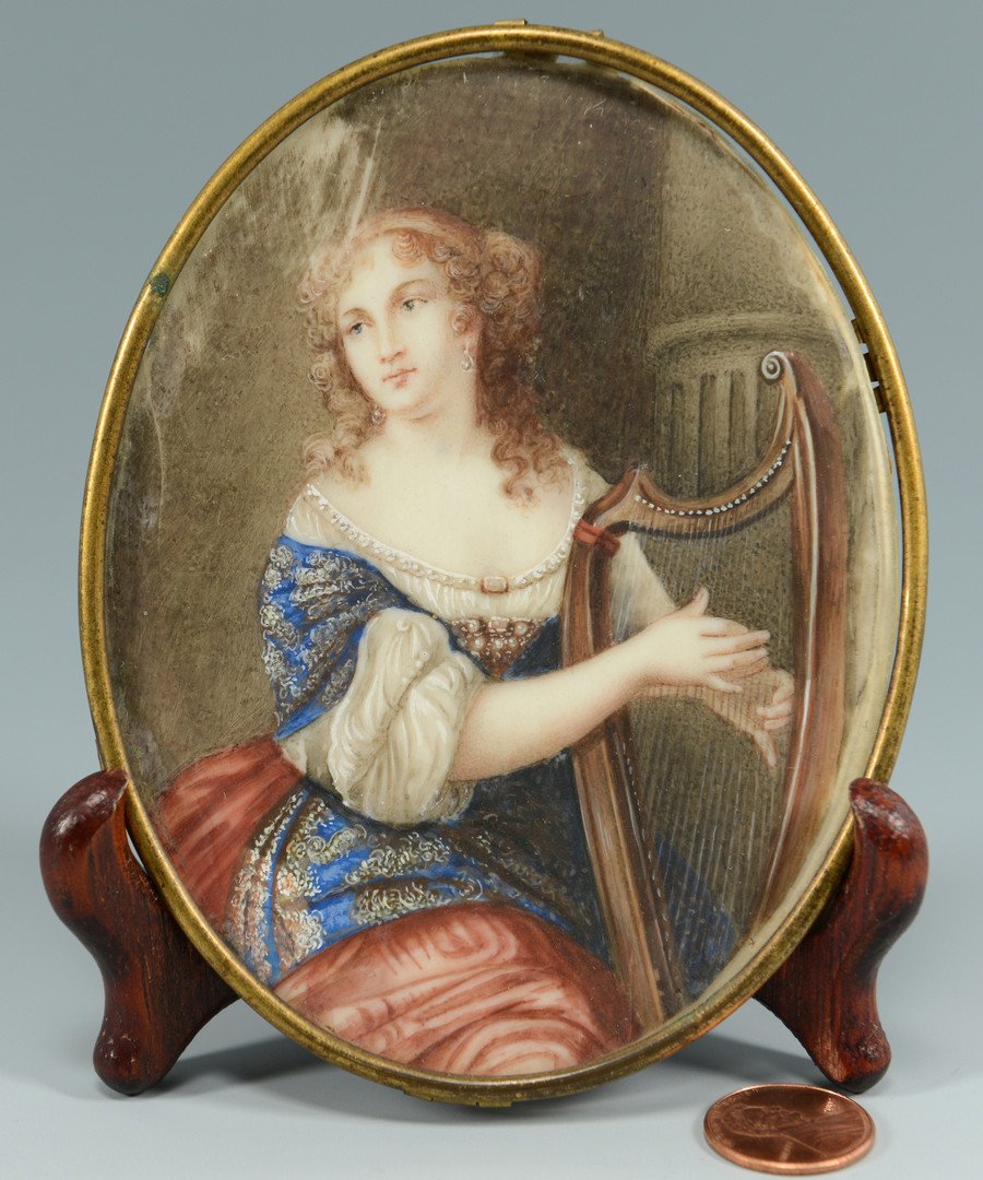Miniature Portrait, Anne Marie Louise d'Orleans: Continental School, 19th century, miniature watercolor painting on ivory, depicting a woman in 17th century attire playing a harp. Subject is identified en verso as Anne Marie Louise d'Orleans, Duches