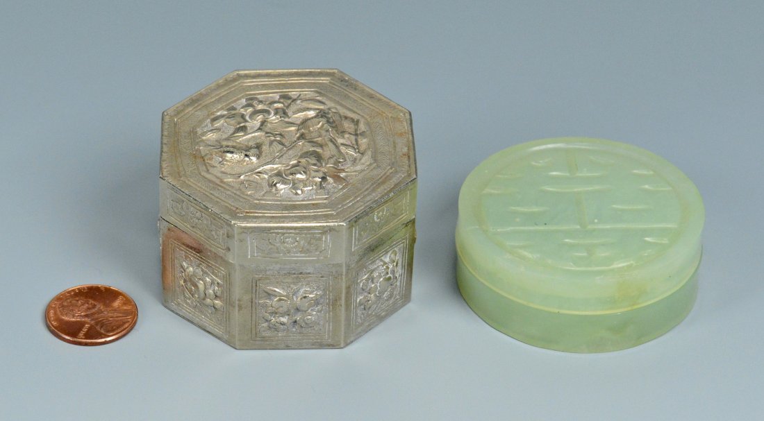 Chinese Silver and Jade Boxes: 2 Chinese boxes. 1st item: Chinese export silver trinket or snuff box, octagonal form with repousse floral panels, the top with raised decorations of birds among foliage. Chinese hallmark to underside