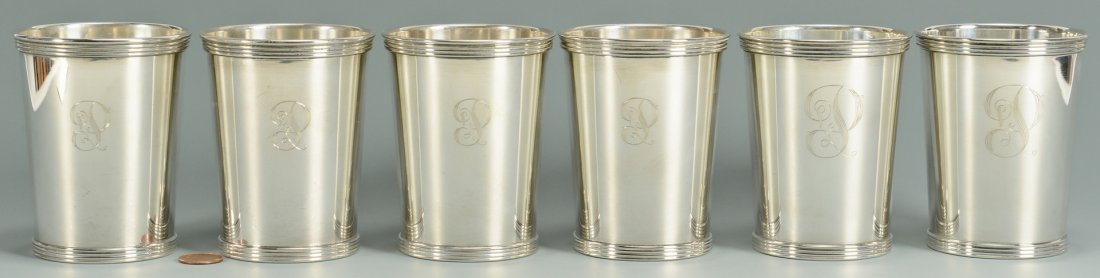Set of 6 Sterling Silver Julep Cups: Set of six International Co. sterling silver mint julep cups or beakers, 3-7/8" H. 23.365 oz troy. Monogrammed "P". Mid 20th century.