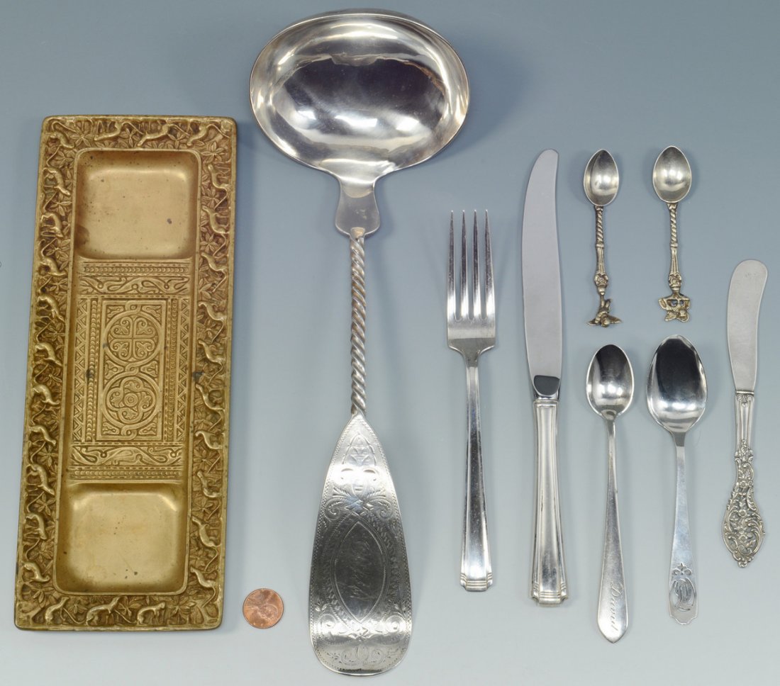 8 pcs Flatware & Tiffany Pen Tray: Eight pieces silver flatware and a Tiffany bronze desk pen tray in the Venetian pattern, impressed mark Tiffany Studios New York 1642, 10"L. Flatware includes a large coin silver soup ladle with twist