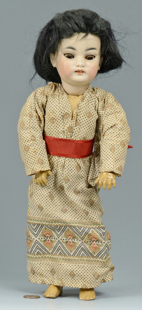 Simon & Halbig Oriental Doll: German Simon & Halbig Oriental doll with bisque head incised "S & H 1199" with oriental features, painted black eyebrows, painted upper and lower eyelashes, dark sleeping eyes, and a black mohair wig.