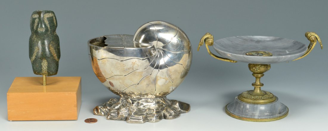 3 Decorative Items: Shell, compote & sculpture: 1st item: English Victorian silverplate spoon warmer or holder in the form of a nautilus shell, marked on the base. 5 5/8" H x 6 1/2" L. 2nd item: Grey stone Classical style compote with brass metal m