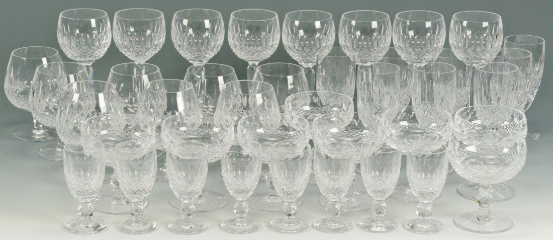40 Waterford Crystal "Colleen" Pattern Glasses: 40 Waterford crystal "Colleen" pattern drinking glasses. Lot includes 8 fluted champagne glasses (6" H), 8 balloon wine glasses (7-1/8" H), 8 large brandy glasses (5-1/8" H), 8 champagne glasses (4-1/