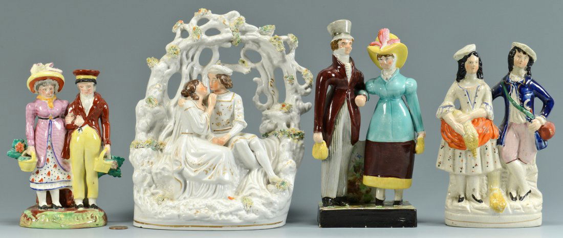 4 Staffordshire Groups inc. Dandies: Four Staffordshire earthenware figural groups. 1st group: The Dandies, 6-1/2", (small chip to bocage). 2nd group: a taller verson of The Dandies, 8-1/4" (lady restored at neck). 3rd group: Farmer and
