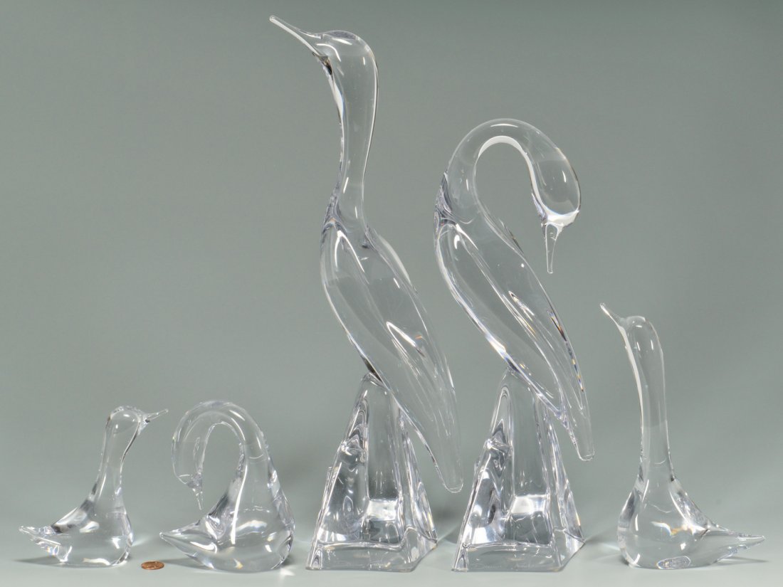 5 Daum France Birds: Grouping of five (5) Daum clear glass stylized birds, each inscribed "Daum France" on the base. Sizes range from 5 1/4" H to 18" H. 20th century.