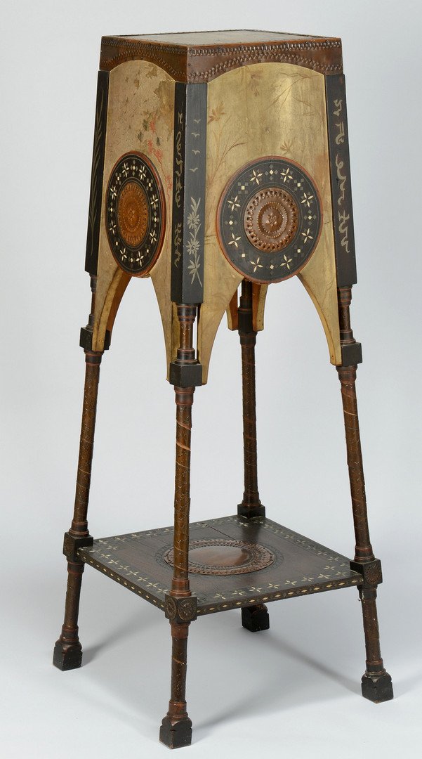 Italian Carlo Bugatti Plant Stand: Italian plant stand by Carlo Bugatti (1856-1940, Italy), comprised of ebonized and inlaid wood, hammered copper designs, and painted vellum. Painted vellum scenes include leaf and floral designs with